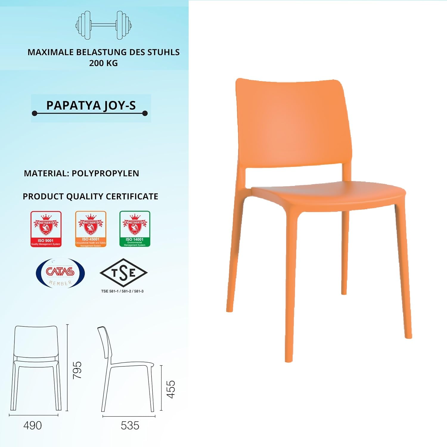 PAPATYA Joy-S 1er-Set Designer- Kunststoffstuhl, 200 kg belastbar, Leichter stapelbar Gartenstuhl, wetterfester Balkonstuhl, Terrassenstuhl, Hotelstühle, Restaurantstühle, Stapelstuhl (Orange)