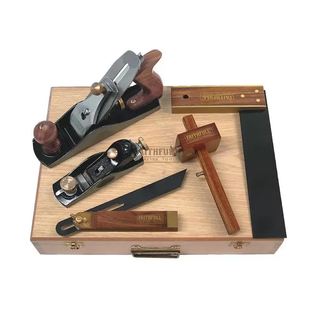 Coffret d'outils de menuisier Faithfull 5 pièces en coffret bois à charnières - Rabot de finition n°4, rabot de paume, équerre, biseau coulissant et trusquin pour le travail du bois