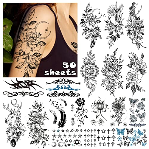 LEADTEAM 50 Blätter Temporäre Tattoos, Klebetattoos Erwachsene Tattoo Aufkleber Arm Tattoo, Fake Tattoos Klebe Tattoo Fake Tattoos Männer Tatoos Aufkleben Damen Tattoo zum Aufkleben Fake Tattoo Frauen Cover