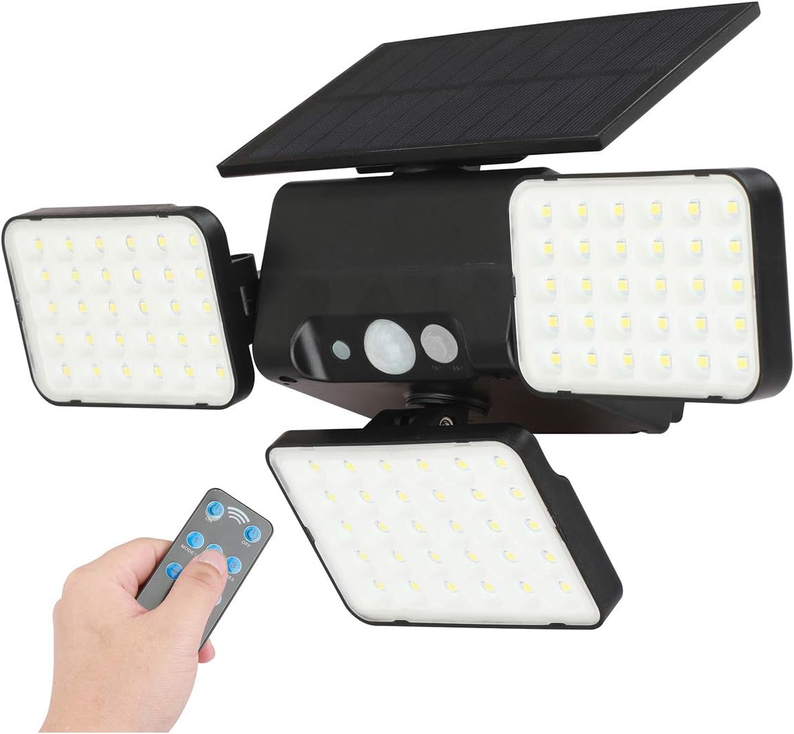 DiDi DENG Solar Lights Outdoor Remote 3Heads 360°Adjust Motion Sensor Spotlights IP65 Security 90 LED Dim Model for Front Door Yard Garden Garage Patio Porch Auto On/Off (1 Pack)