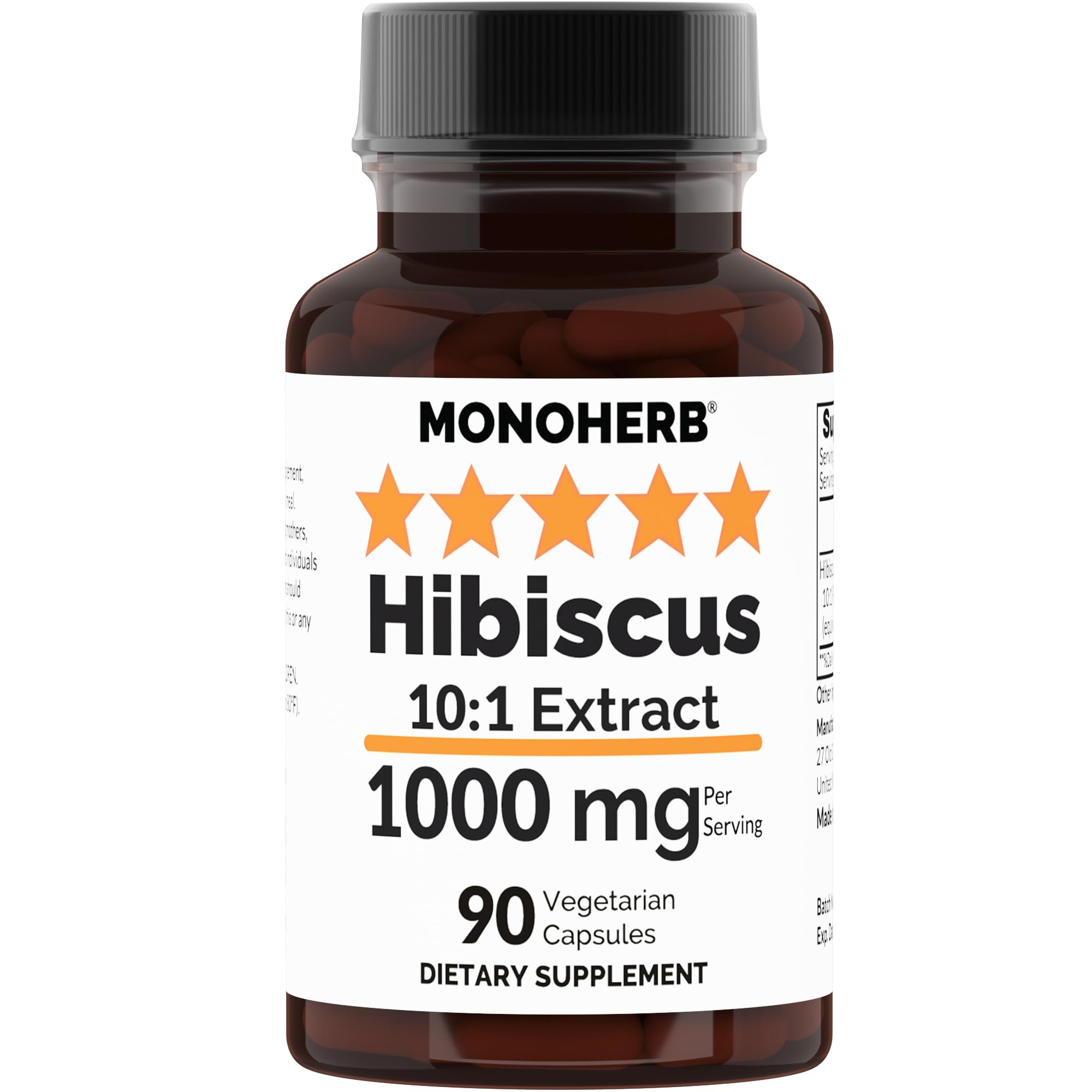 MONOHERB Hibiscus 10:1 Extract 1000 mg per Serving - Serving Size: 2 Capsules - 500 mg per Capsule - 90 Capsules per Bottle