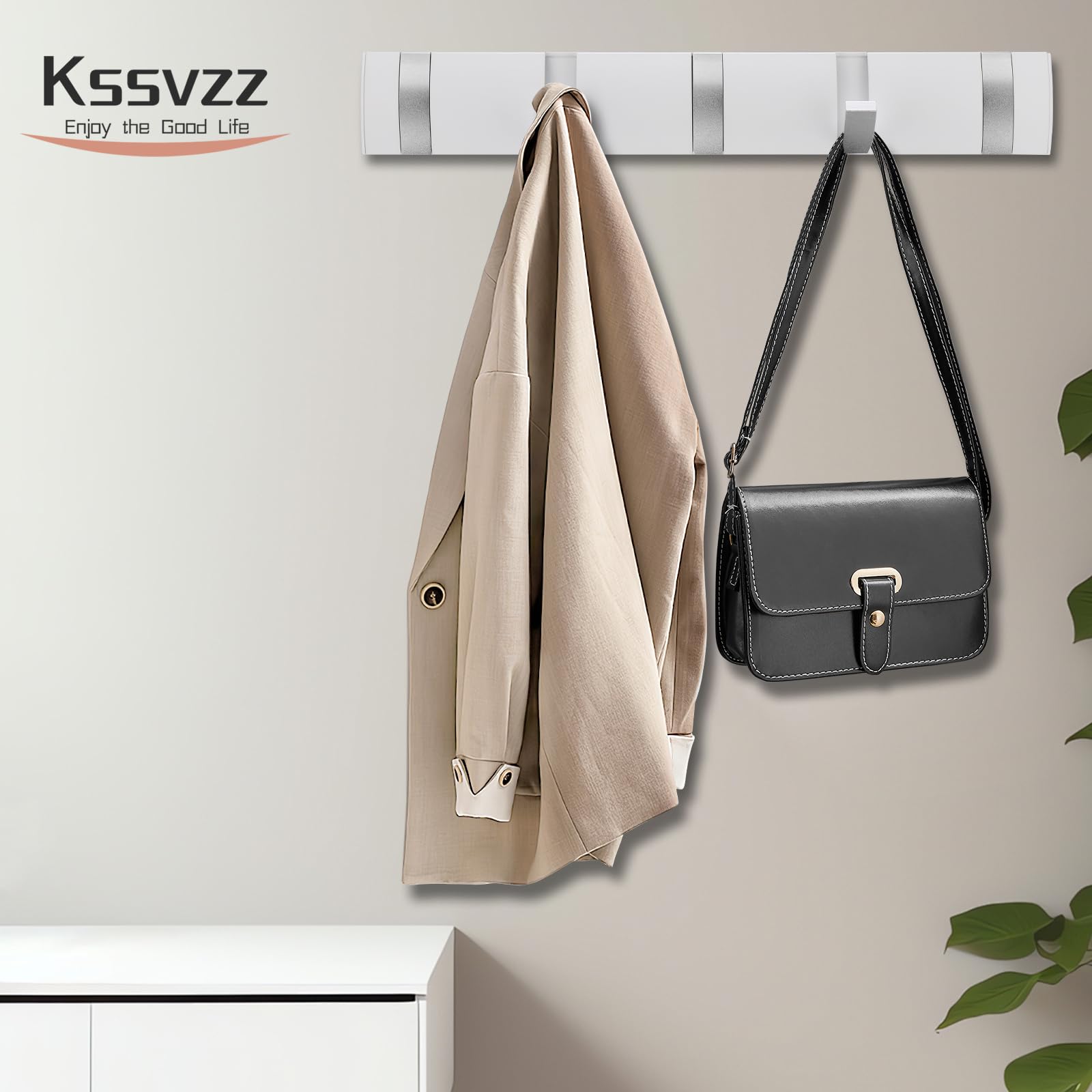 Kssvzz Appendiabiti da Parete con 5 Ganci Ribaltabili, Attaccapanni da Muro Moderno, Attaccapanni da Parete in Alluminio, Appendi Abiti per Muro, per Giacche, Cappotti, Cappelli, Sciarpe, Bianco