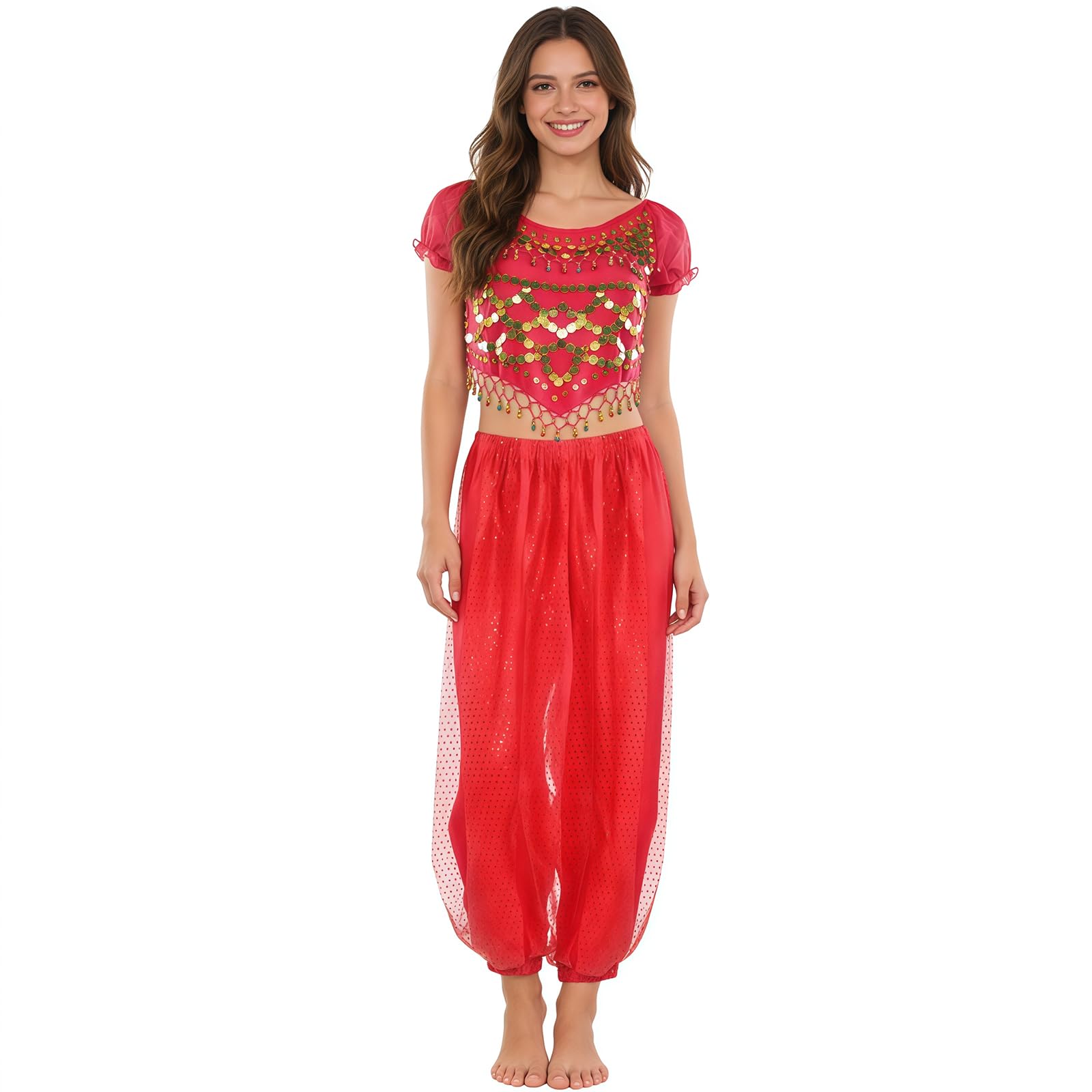 Baisdan 2 Piece Belly Dance Costume, Jasmine Costume Adult Top Lantern Pants Set for Arabian Indian Halloween Carnival Dance Performance Red