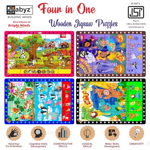 Image of ABYZ Wooden Jigsaw Puzzle - Costume Party, Squirrels & Storks, Farm Animals, Halloween Time Playset for Little Explorers, 63 Pieces - Pack of 4 | Birthday Gift for (3 Plus Years) Age Kids.