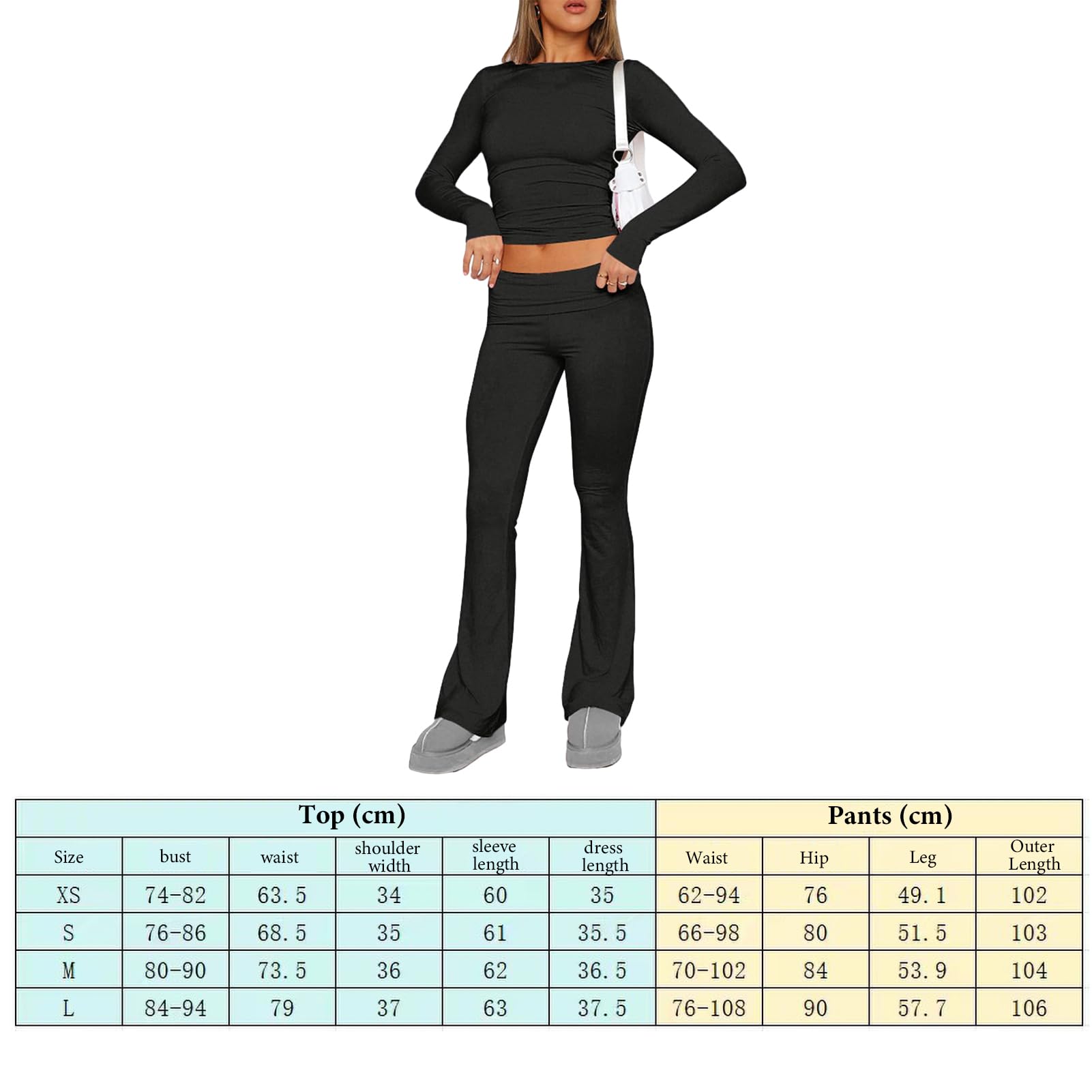 NaLatia Lounge Set Femme 2 Pièces – Pantalon Flare Taille Basse Et Top Court Manches Longues – Mode Décontractée