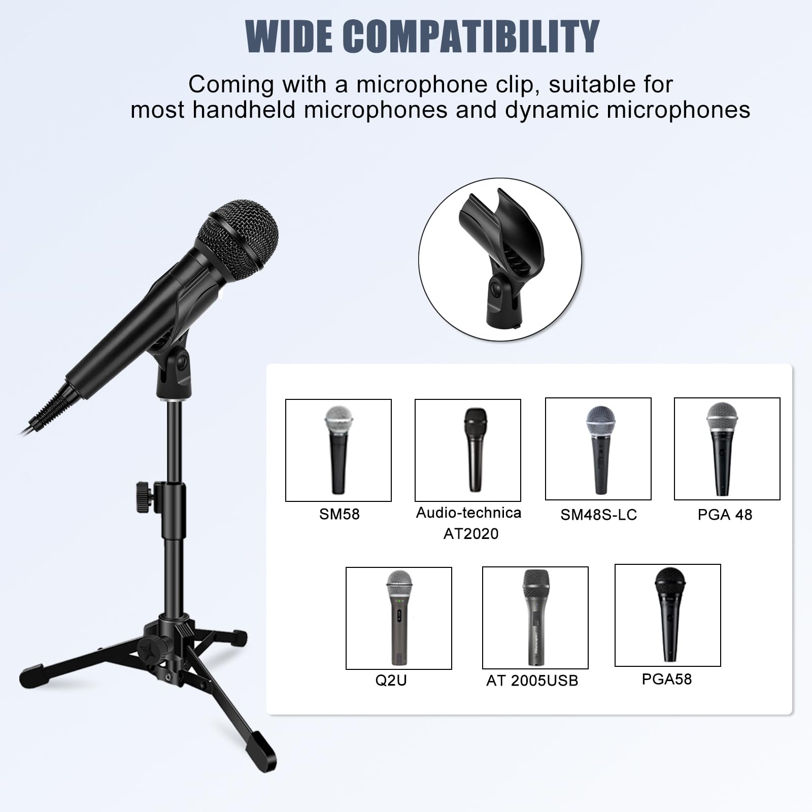 JCWINY Trépied de microphone de bureau pliable et portable avec support de clip pour microphone de table réglable pour Blue Yeti Snowball Spark et autres microphones dynamiques