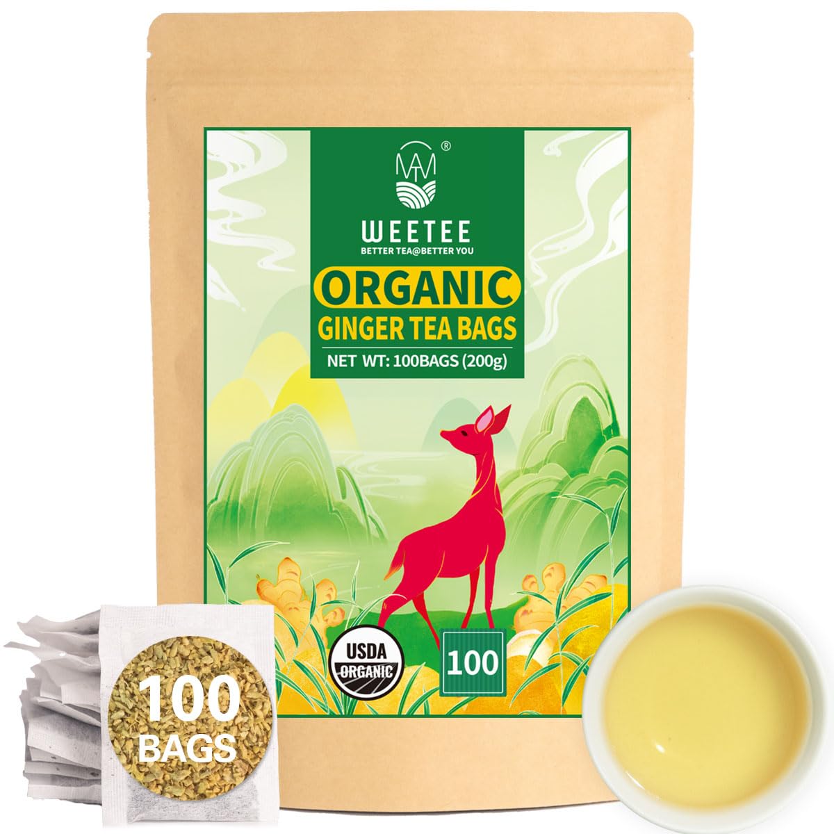 WEETEE Organic Ginger Tea Bags, CERTIFIED USDA, 100 Pure
