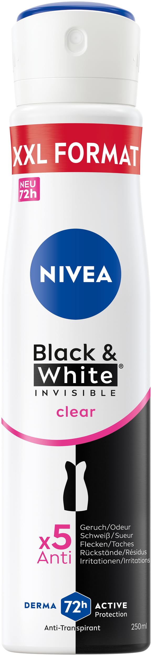 NIVEA Black & White Invisible Clear Deo Spray XXL, Anti-Transpirant mit patentierter Anti-Flecken-Formel, Deodorant mit 72h Schutz (250 ml)