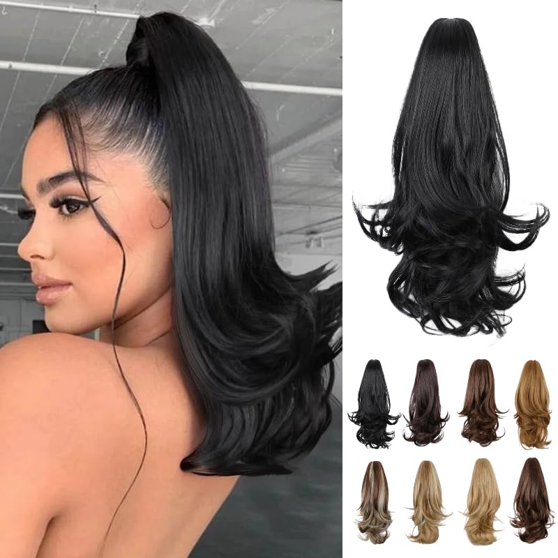 Ponytail Extension 16 Inch Claw Clip Pony Tails Hair Extensions Soft Natural Looking Synthetic Clip in Ponytail Black Ponytail Extension for Women
