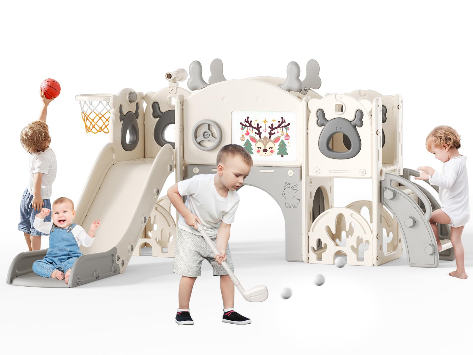 Kinderrutsche mit Basketballring, Elch-Themenrutsche für Kinder, Spielplatz für drinnen und draußen, unabhängiges Kletterspielset mit Rutsche für Babys (Beige Grau-7-in-1)