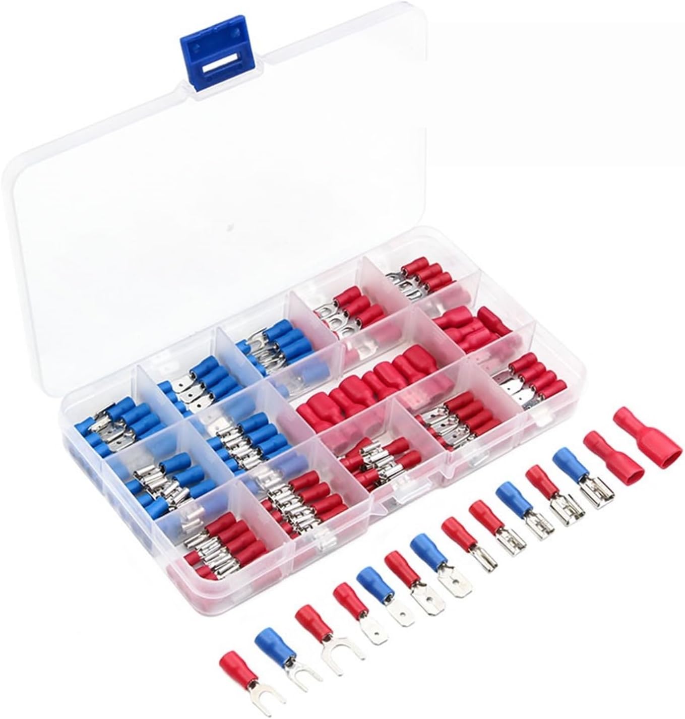 140 PCS Insulated Spade Butt Ring Forked Wire Crimp Cable Connector Kit Ring Lug Coiled Wire Terminal Kit(HS-40J Plier)