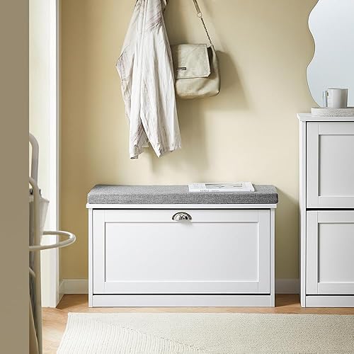 Miniatura 7 de Haotian Banco pequeño para zapatos, solución moderna de almacenamiento de zapatos con cojín acolchado, 1 cajón abatible para entrada estrecha,