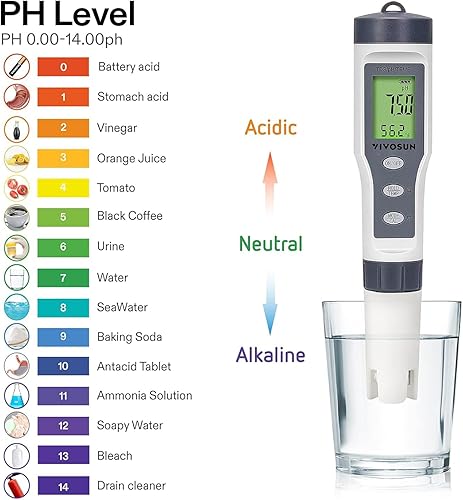 Miniatura 9 de VIVOSUN Medidor de pH digital 5 en 1 con función de PHsalinidadTDSECtemperatura, pantalla de retroiluminación, IP67 impermeable para hidroponía,