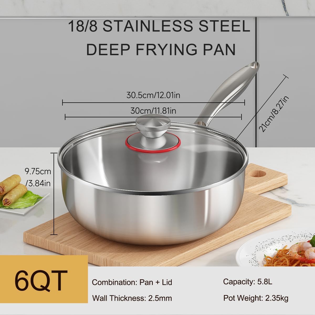 Tri-ply Stainless Steel Saute Pan 6-Quart with Clear Lid Deep Frying Pan for Chef's Cooking Wok Induction Oven Dishwasher Safe, Compatible with All Cooktops(Detachable Handle, 12 Inch)