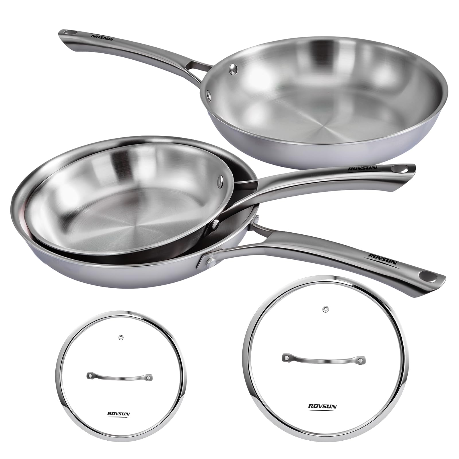 ROVSUN Batería de Cocina 5 Piezas, Juego de Sartenes de Acero Inoxidable, Ø20/24/28 cm, Antiadherente y Fácil de Limpiar, 3 Sartenes con 2 Tapas