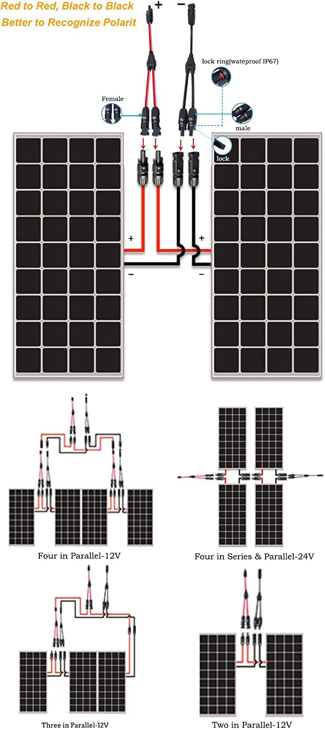 Produktbild von RUNCCI-YUN Solarkabel Y-Stecker – 1 Paar (M/FFF + F/MMM), Für Parallelschaltung Von 2 Solarmodulen, 20 A, IP67, Für 14–10 AWG Kabel