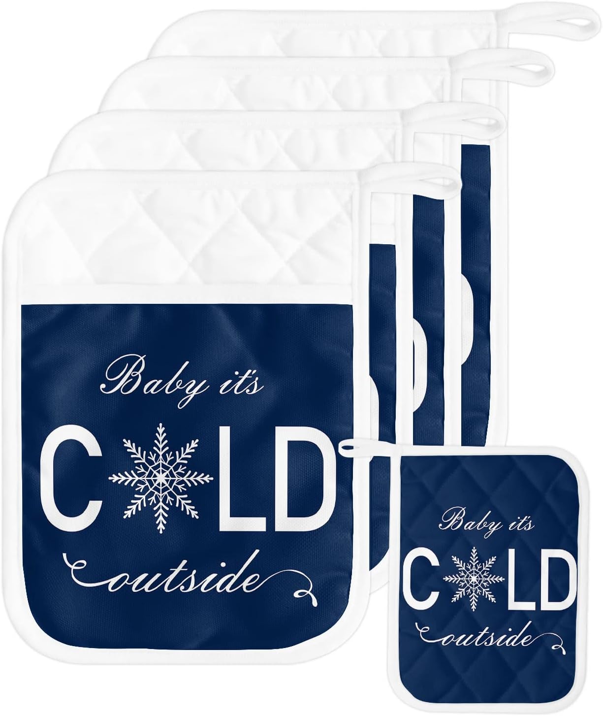 Christmas Snowflake Pot Holders with Pocket for Kitchen, Heat Insulation Hot Pads Pot Holder Set of 5, Baby It's Cold Outside Winter Navy Blue Oven Mitts Potholders for Kitchens Cooking Baking