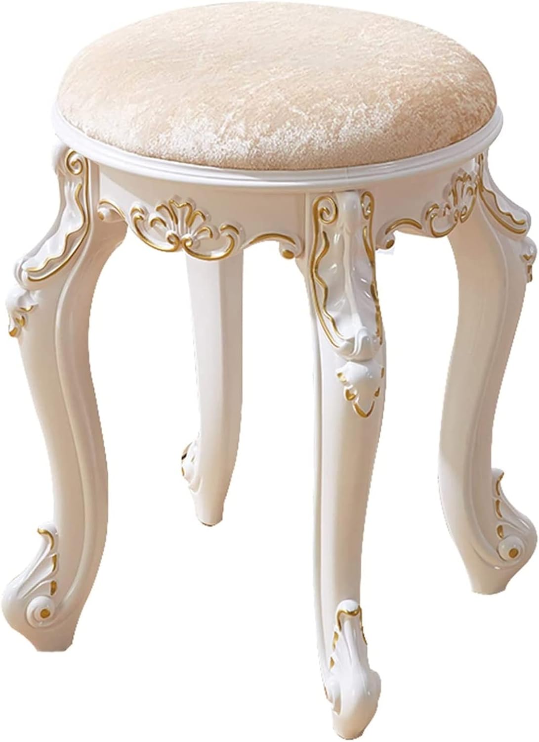Round Vanity Stool, Makeup Velvet Stool, Ottomans Round Seat with White Legs