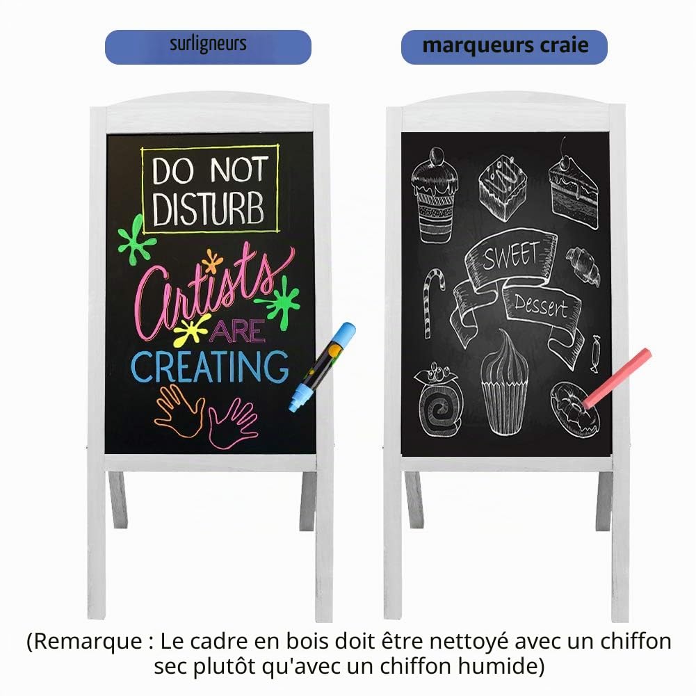 unho Panneau Publicitaire Extétieur 90x42.5cm, Tableau Noir Sur Pied Magnétique en Bois Avec 2 Aimants et 2 Chiffons, Chevalet Ardoise Trottoir pour Restaurant Café Bar Bistrot (Gris)