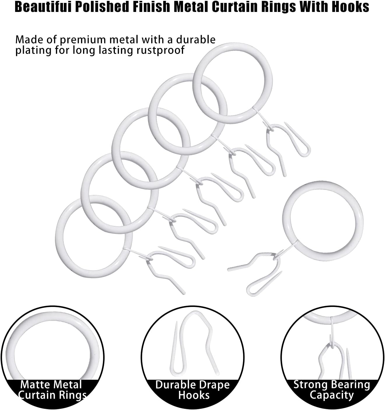 60 Pcs Metal Drapery Rings & Curtain Hooks, 30 mm Internal Diameter Hanging Rings for Curtains and Rods (White)