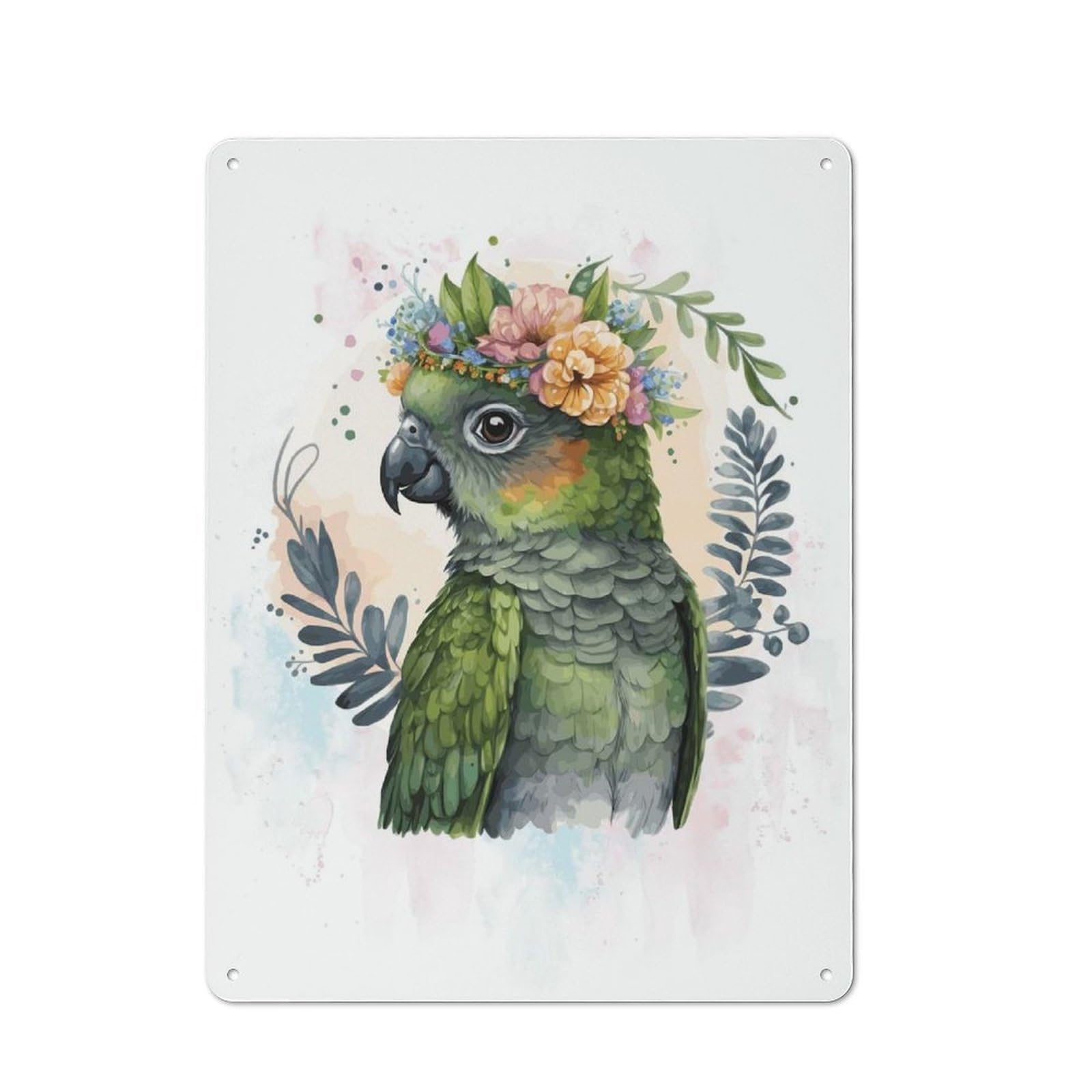 40x30cm Vintage Tin Sign with Floral Watercolor Conure for Hobby Room Or Studio, for Winter Interiors And Metal Sign Collectors