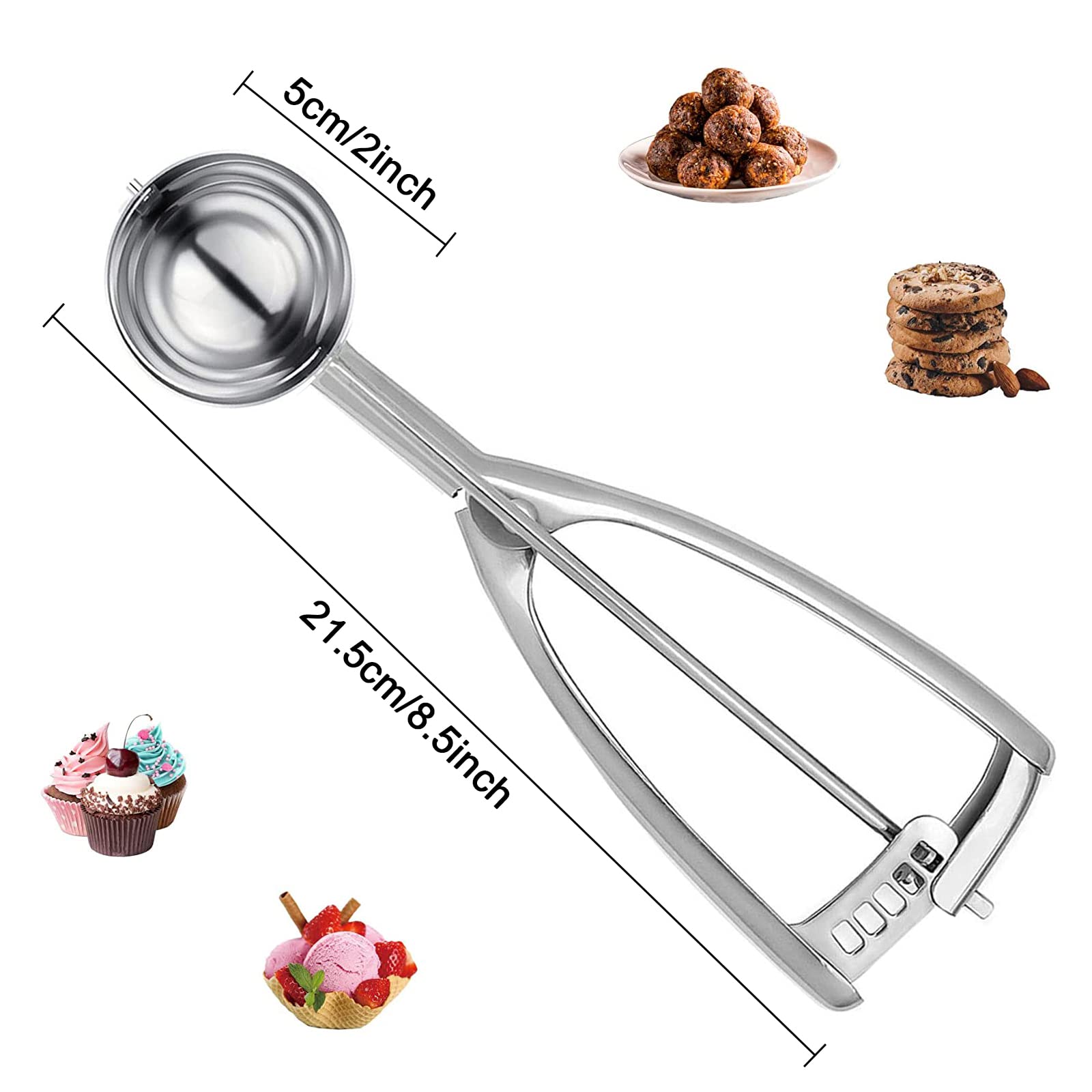 Cuchara para Helados, 5cm Cuchara de Helados con Gatillo 304 Cuchara de Helado de Acero Inoxidable Cuchara Disparador para Bolas de Helado para Helados, Frutas, puré de Alimentos