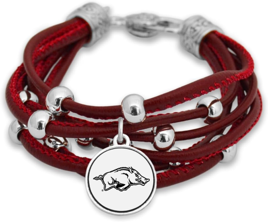 Women’s Bracelet, Leather Cord Bracelet with Silver Beads and Team Logo Charm, Officially Licensed NCAA Women’s Jewelry, 7.5 Inch