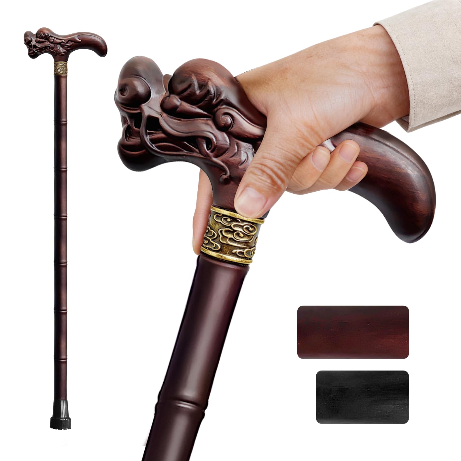 ispuoocti Wooden Walking Cane, 3D Dragon Engraved Cane Support up to 400 lb, Canes for Seniors Men Women of Different Heights