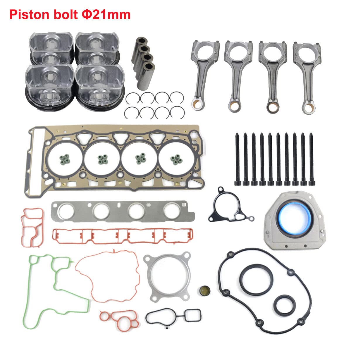 4x Pistone+4x Biella+ Set guarnizioni testata Spinotto pistone Ø 21mm compatibile con 2.0 TFSI TSI GTI 06H107065BE 06H107065DD 06D103385D 06J198401B