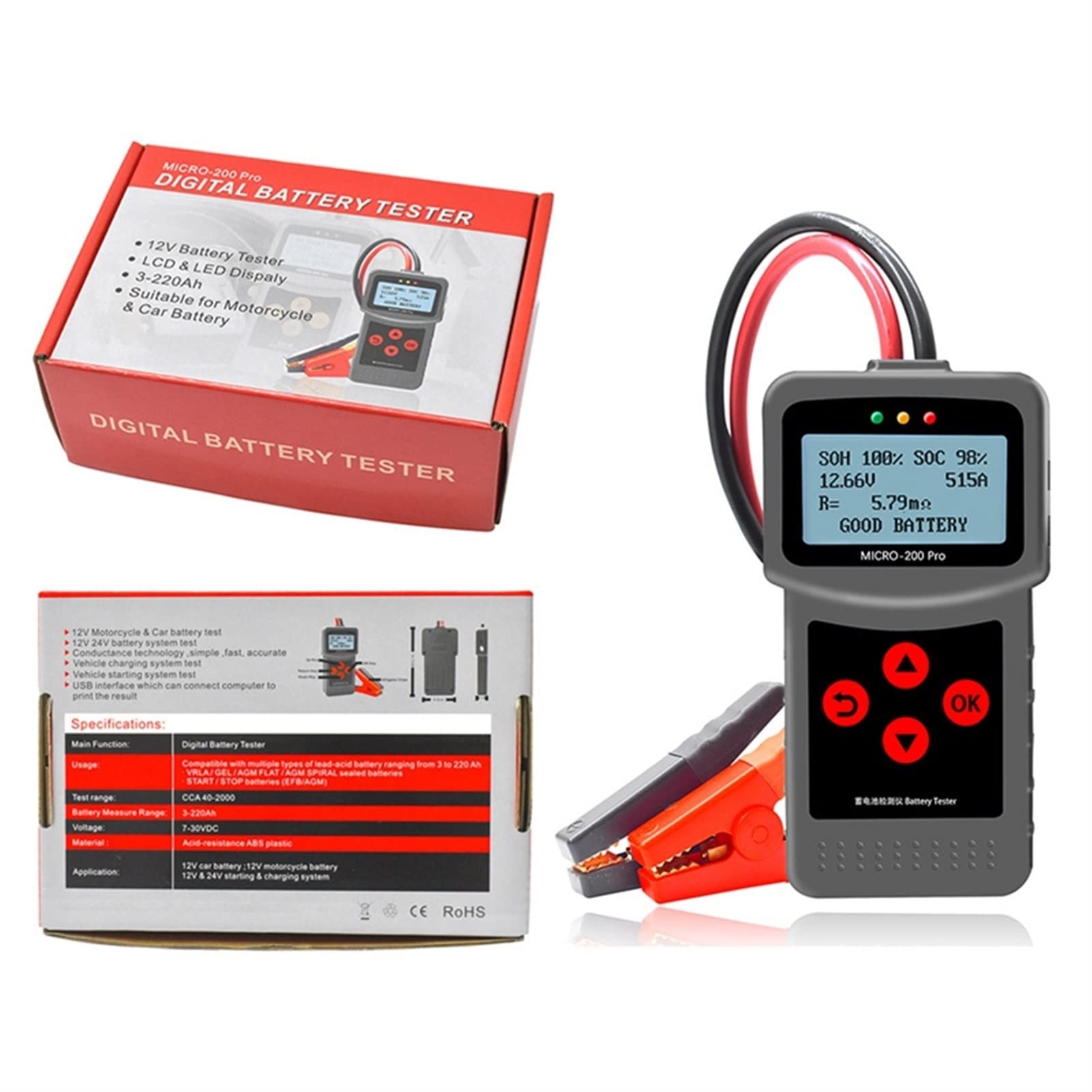 Tester Batteria, 1. 2 V 24V Micro-200 Pro Automobile Digital Battery Tester Battery Analyzer multi-lingua digitale AGM EFB. Gel CCA BCI CA MCA JIS DIN IEC
