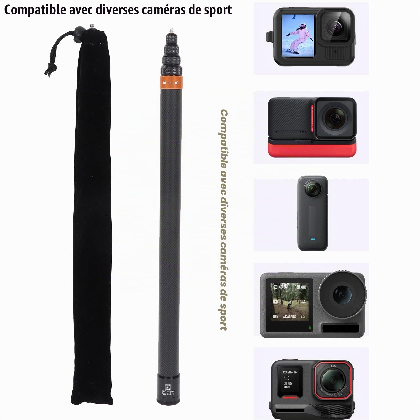 Perche à Selfie, pour caméra de Sport, Visser en Fibre de Carbone Panoramique télescopique pour X3 pour One RS pour GO 2 pour One X2