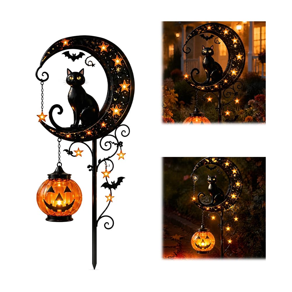 Solar Halloween Black Cat Moon Ground Stake Light, Pumpkin Hanging Solar Lantern Ornament, Weatherproof LED Night Lamp For Patio Lawn Autumn Garden Decor
