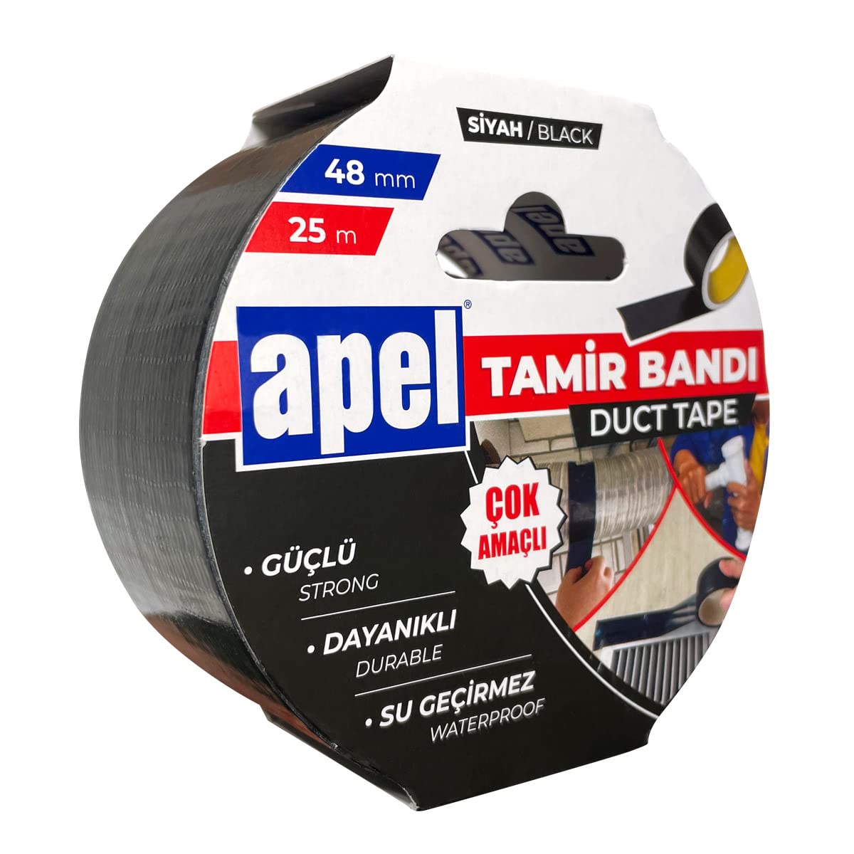 Apel Tamir Bandı (Duct Tape) Askılı Karton 48 mm x 25 m Siyah