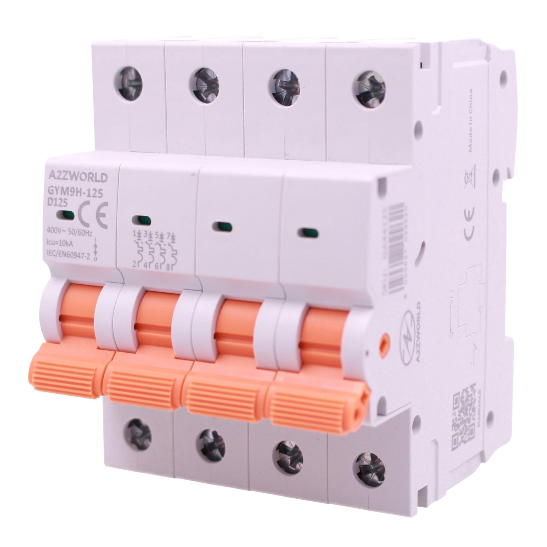 4 interruptores magnetotérmicos trifásicos 4P 125 A D125, curva D 10 kA, 4 módulos DIN 380 V AC, certificado IEC60898-1, serie GYM9H-125 profesional