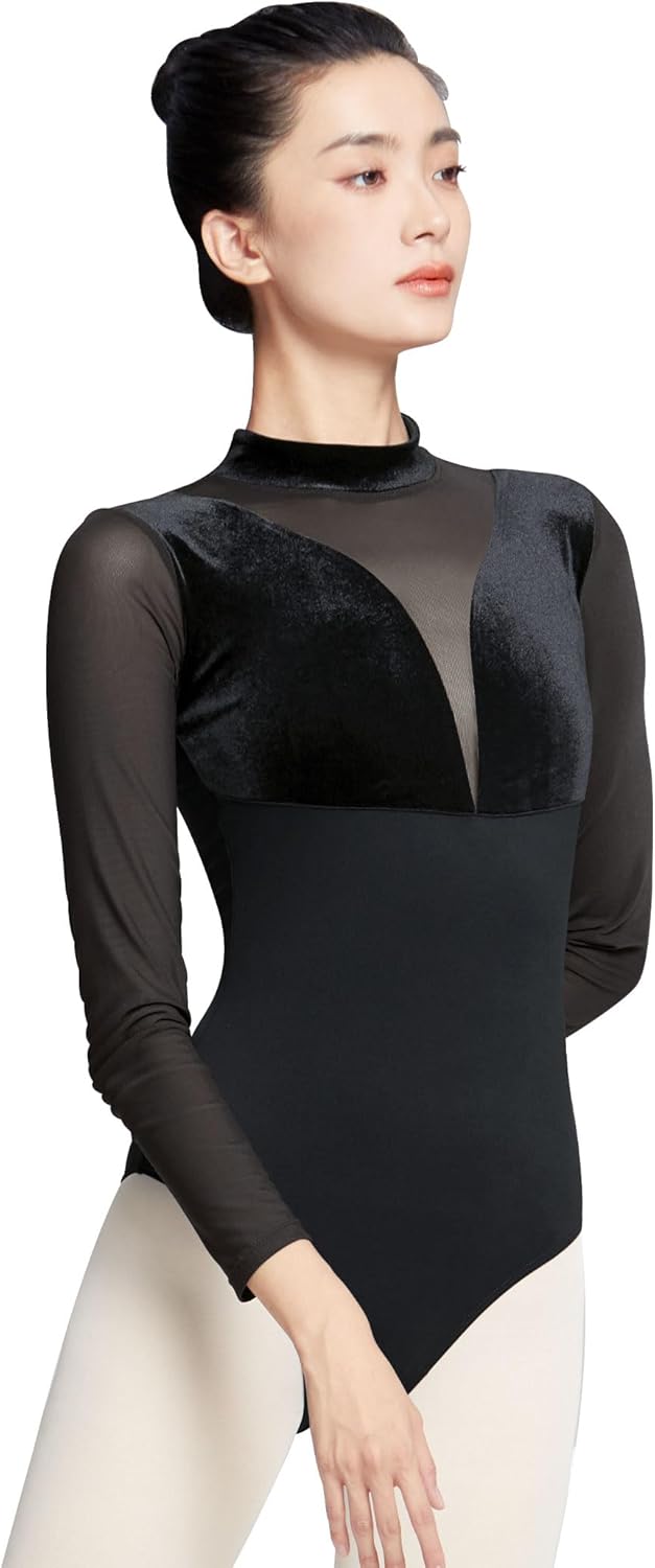 Women's Turtleneck Ballet Leotard With Mesh Long Sleeve, Velvet Dance & Gymnastics Bodysuits - Image 2