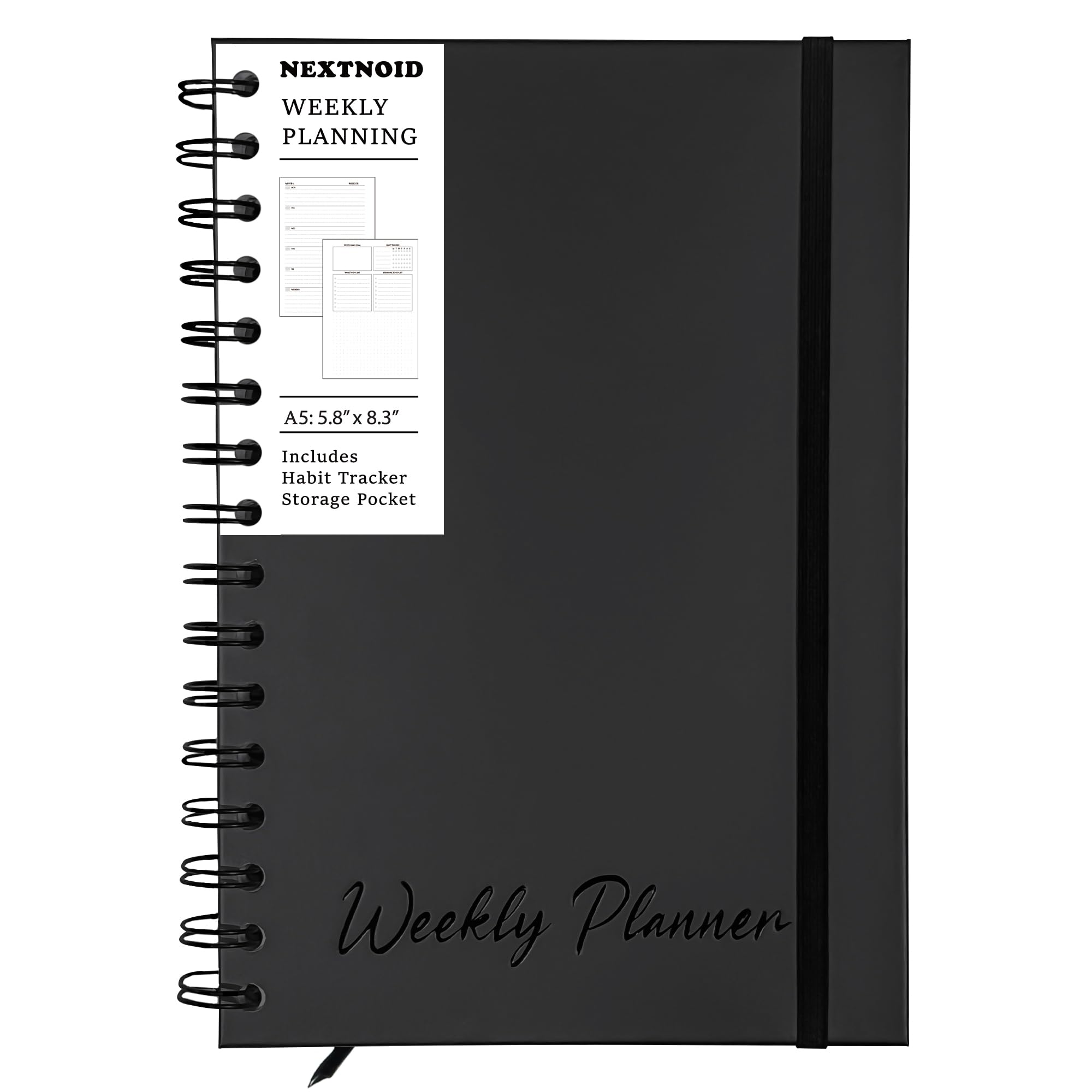 Undatierter Wochenplaner-Notizbuch 2026, A5 (14,7 x 21,1 cm), Hardcover, Wochen-To-Do-Liste, Notizbuch für die Arbeit mit Ziel- & Gewohnheitstracker, Spirale, Schwarz