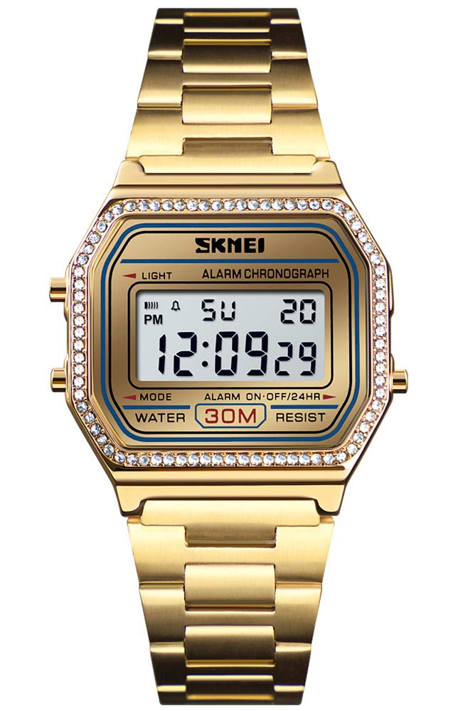 PASOY Men's Digital Gold Stainless Steel Watch Backlit Multifunction Stopwatch Waterproof Sport Watches