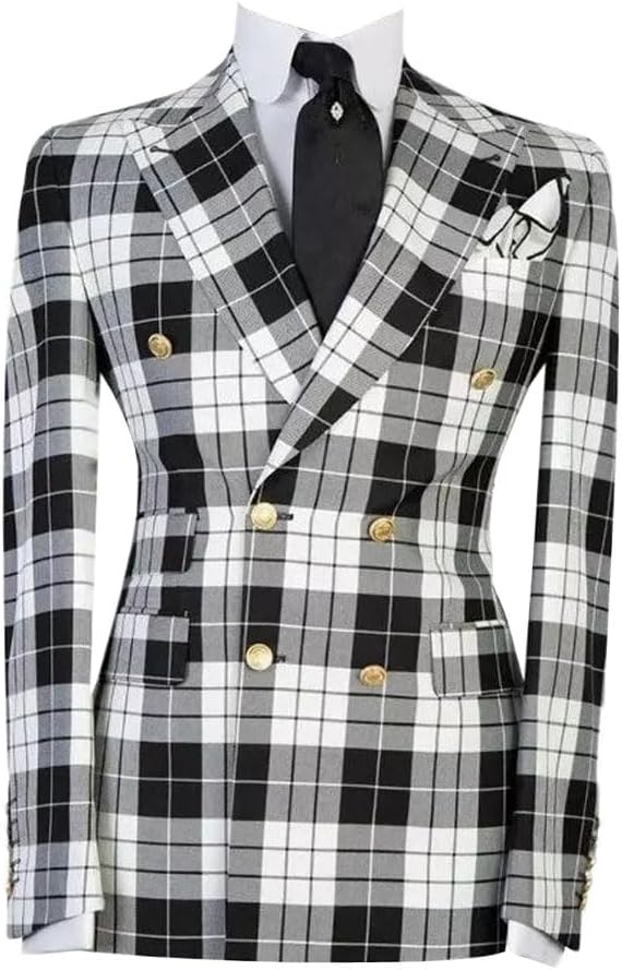 Mens Double-Breasted Plaid Blazer Checkered Leisure Prom Tuxedo Grooms 2 Pieces Slim Fit Suits Set