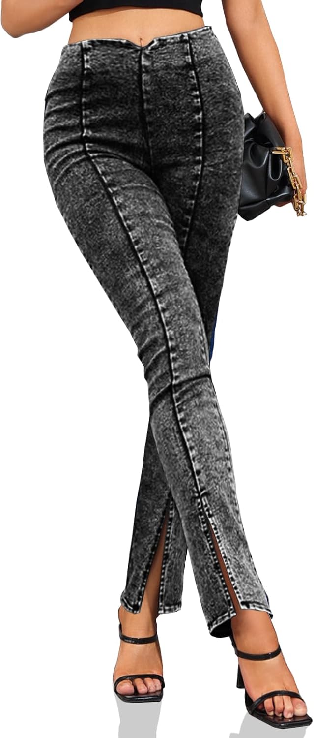 Cicy Bell Womens Sexy Stretchy Jeans High Waisted Straight Leg Jeggings Split Hem Going Out Denim Pants