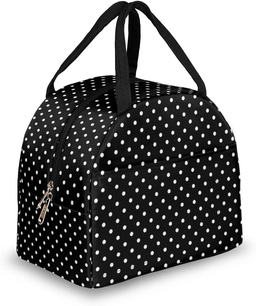 White Black Polka Dot Lunch Bag Women, Polka Dot Lunch Tote for Women Adult Men Reusable Insulated Cooler Tote Lunch Box for Work School