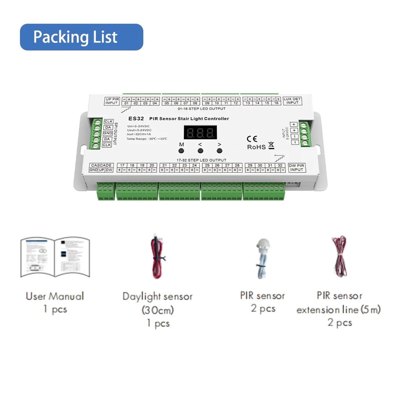 Controlador de escalera ES32, Sensor PIR, Sensor de movimiento de 32 canales, 5V CC, 12V, 24V, interruptor de luz nocturna, Controlador de luz de escalera interior