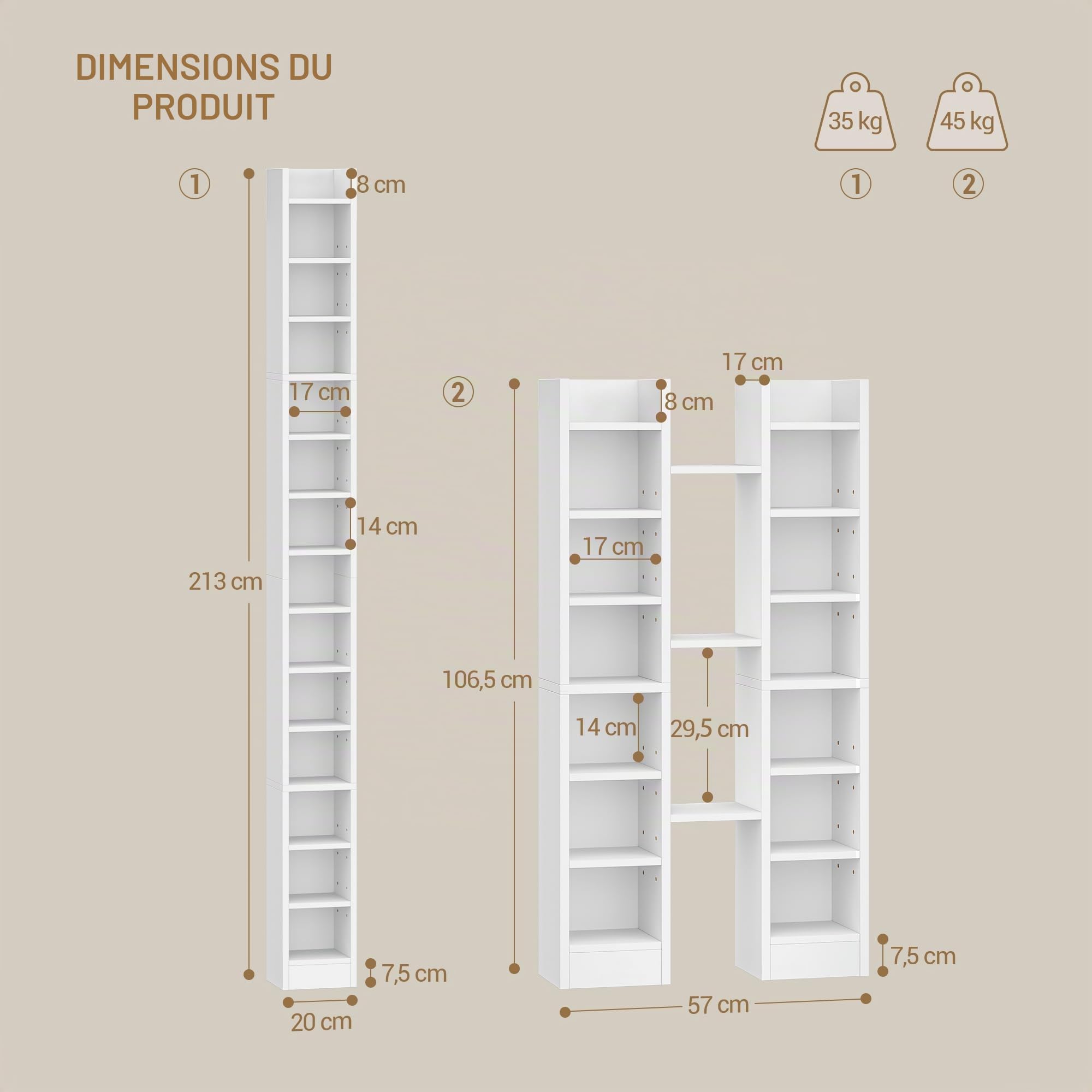 Hzuaneri Étagère CD, Étagère Bibliothèque à 14 Niveaux, Étagère Rangement CD/DVD, Meuble de Rangement pour CD, pour le Salon, Chambre 17 x 20 x 213 cm Blanc CR21403X