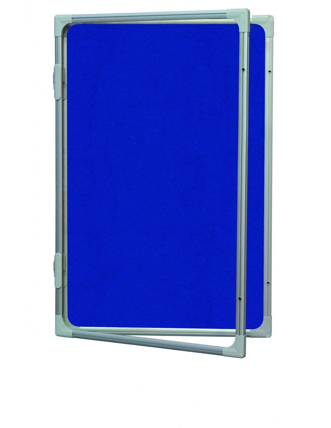 Rocada vitrina vertical con puerta batiente. Interior tapizado azul. 4 hojas tamaño A4 (4xA4)