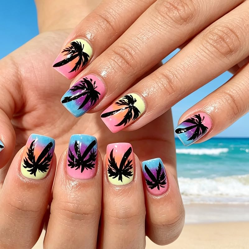 Colorful Coconut Fake Nails - Glitter Acrylic Manicure