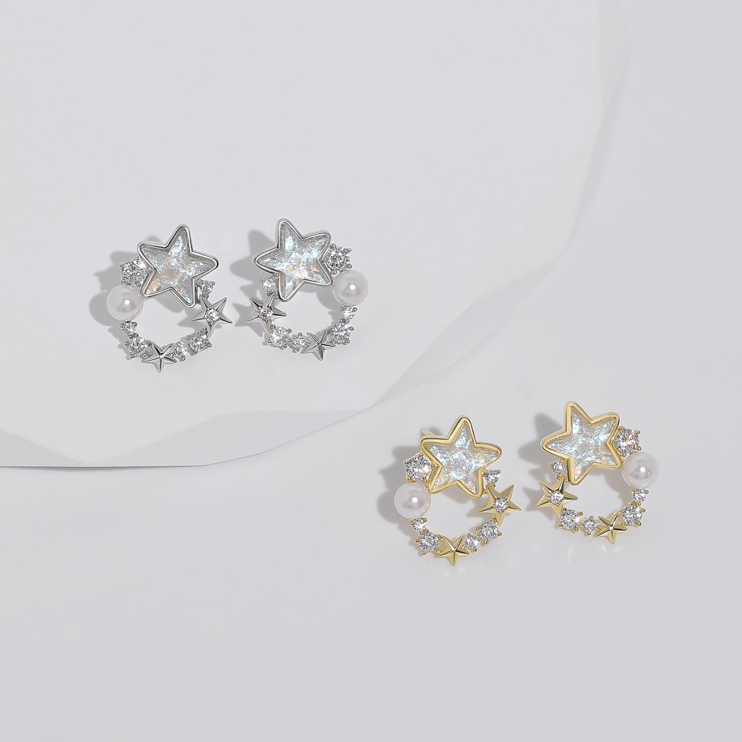 Meissa Orecchini a stella di perle fatti a mano per ragazze Tee Orecchini a perno plissettati d'oro Stella d'argento con zirconi Ipoallergenici, Argento