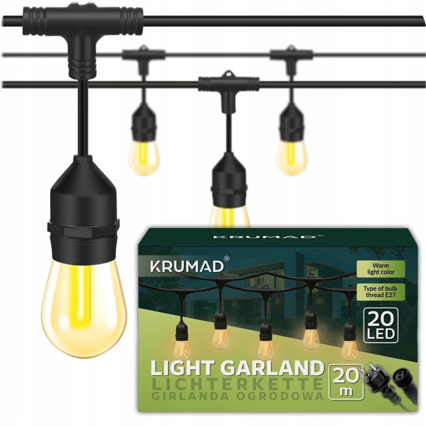 KRUMAD Cadena de luces LED para exteriores de 20 metros, E27, bombillas de luz cálida 2700K, resistente a la intemperie, cadena de luces para exteriores IP44 para jardín, balcón, terraza, decoración