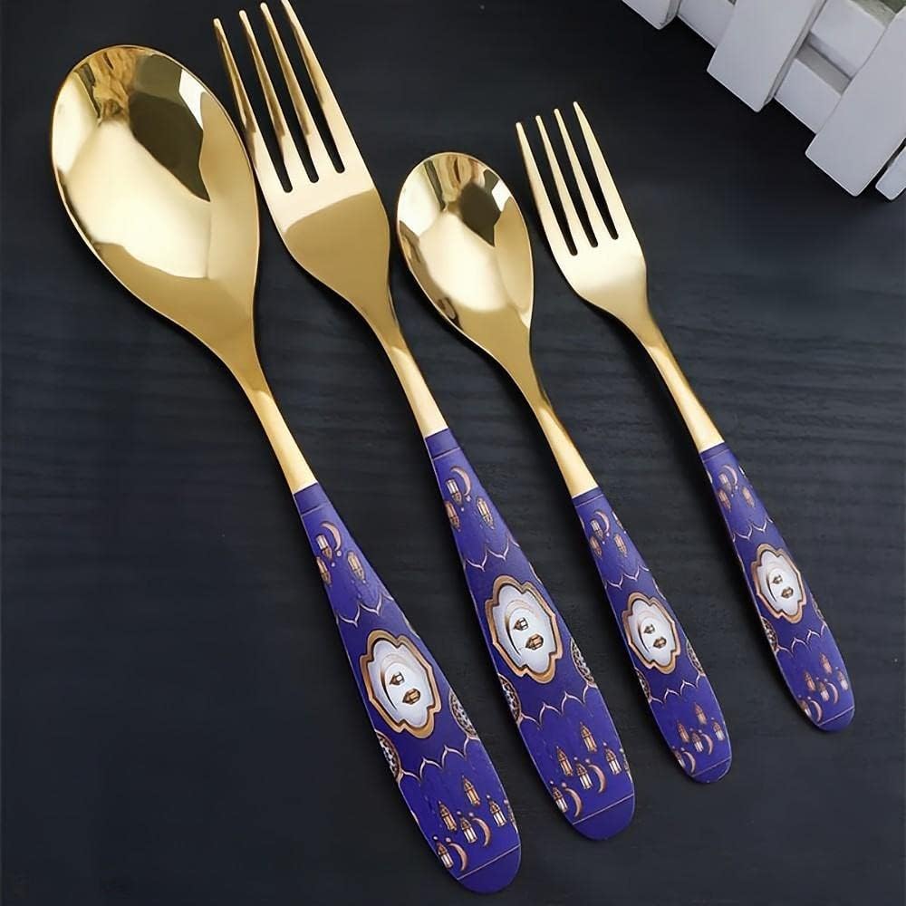 Cutlery Set, Stainless Steel Flatware Set,transparent plastic， Spoon Knife and Fork Set,16 Pieces Set - 304 Stainless Steel Silverware Set Creative Western Food Spoon And Fork Ramadan Star Moon Gift S