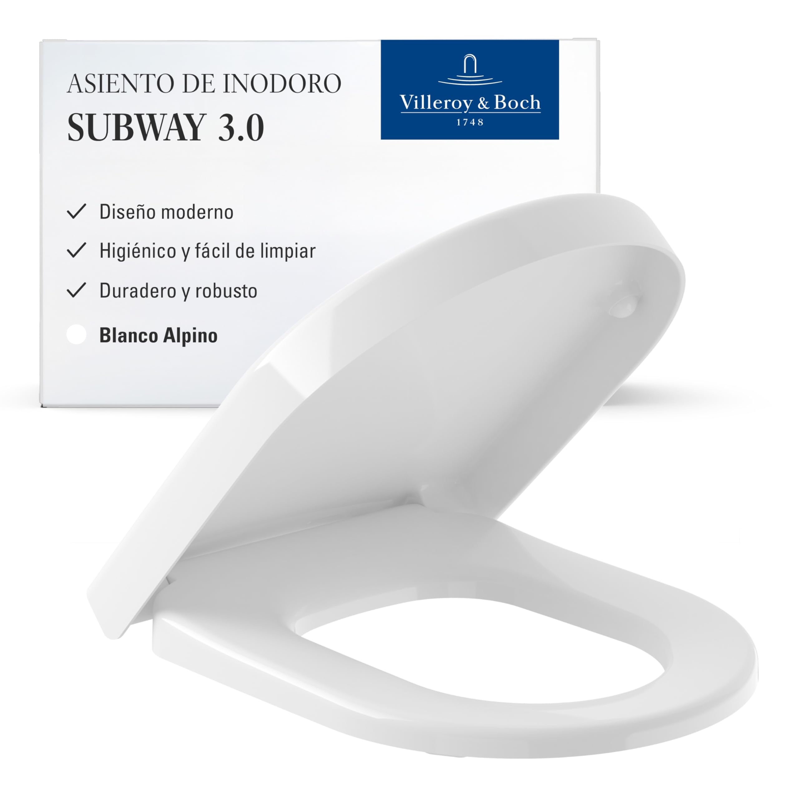 Villeroy & Boch Subway, asiento de inodoro - Tapa de WC blanco brillante de Duroplast resistente - Aro de inodoro con bisagras de acero inoxidable - Diseño en forma de D - Recambio original