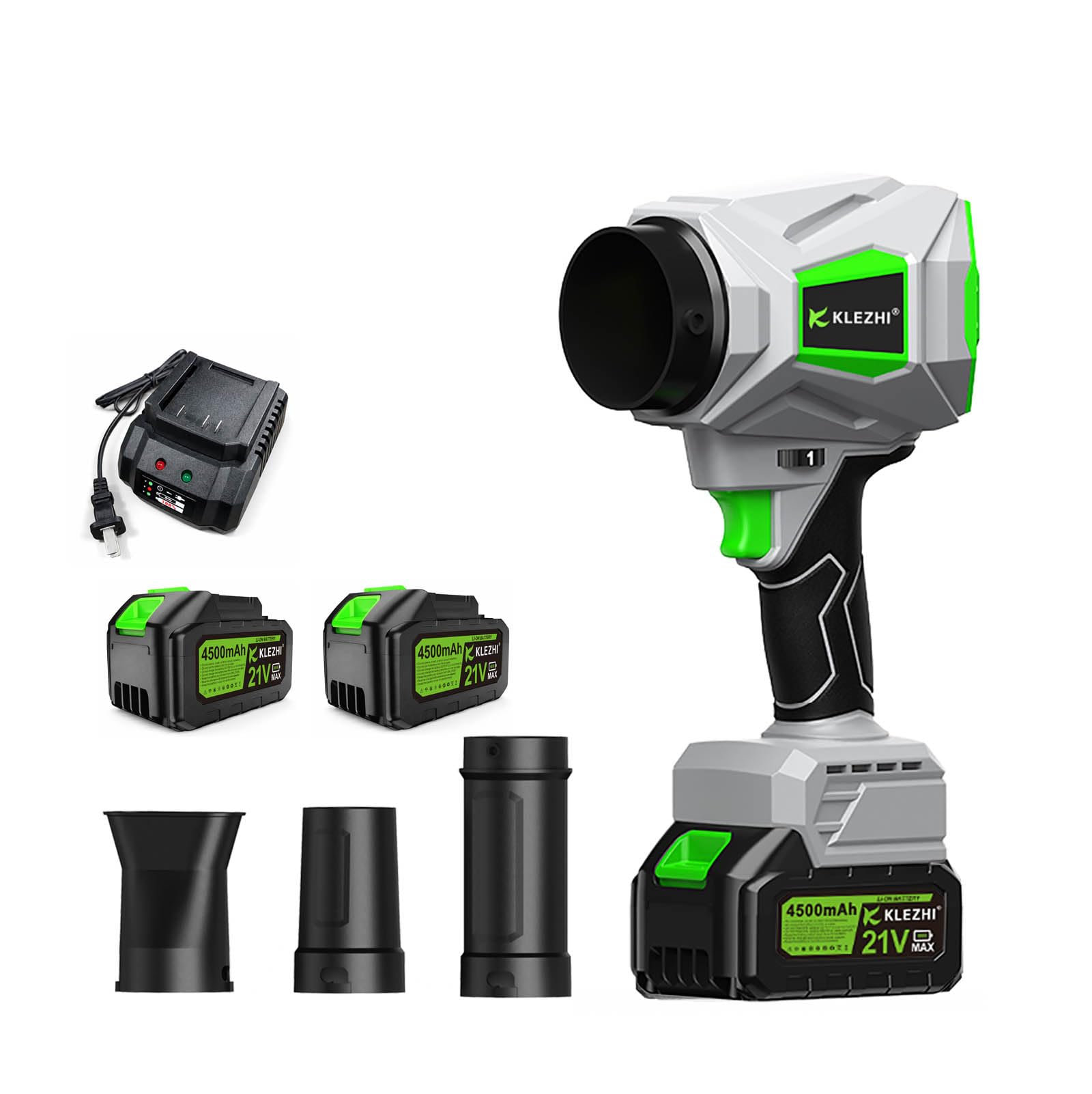 Soplador de hojas inalámbrico, velocidad de viento de 62 m/s, 395 CFM, soplador eléctrico de mano de empuje de 1500 G con 2 baterías de 3.0 Ah, modo de 6 velocidades, motor sin escobillas de 21 V para