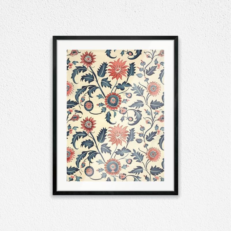 Indian Block Printed Textile Art Red and Blue with Matboard Wall Art Framed Fine Art Wall Décor for Living Room Bedroom Cultural Spaces Gifting 45x60cm